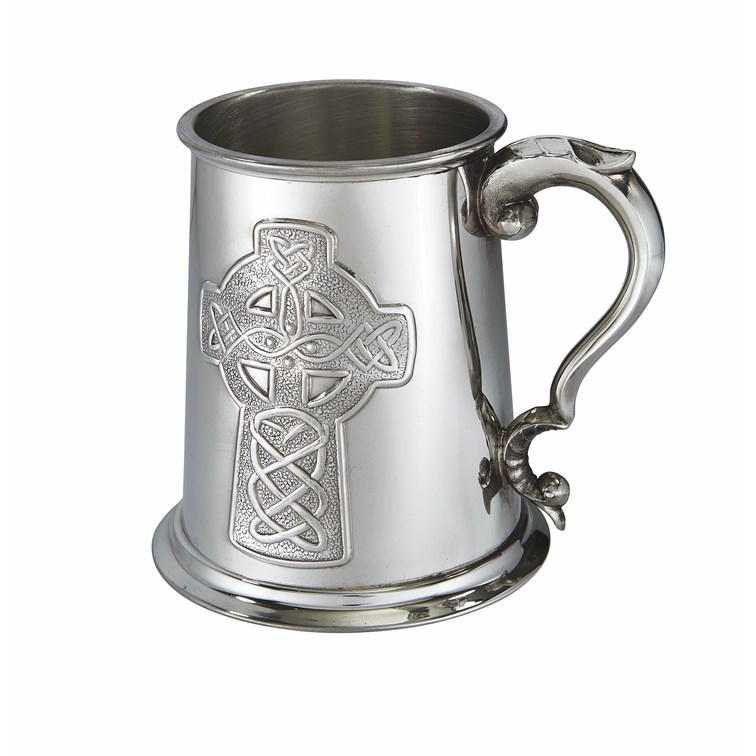 Embossed Celtic Cross One Pint Pewter Tankard