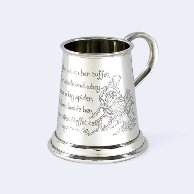 Little Miss Muffet Quarter Pint Pewter Baby Mug rear view of Little Miss Muffet quarter pint pewter Baby Mug