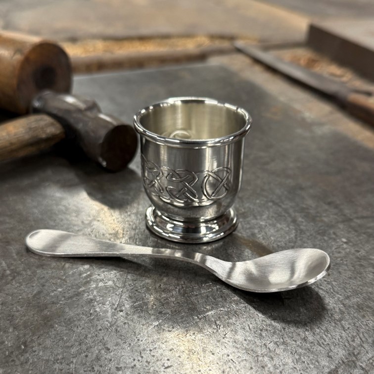 Embossed Celtic Pewter Egg Cup And Spoon