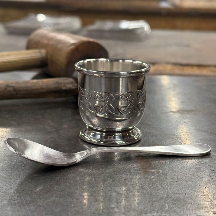 Embossed Celtic Pewter Egg Cup And Spoon
