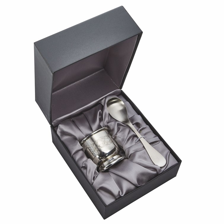 Embossed Celtic Pewter Egg Cup And Spoon