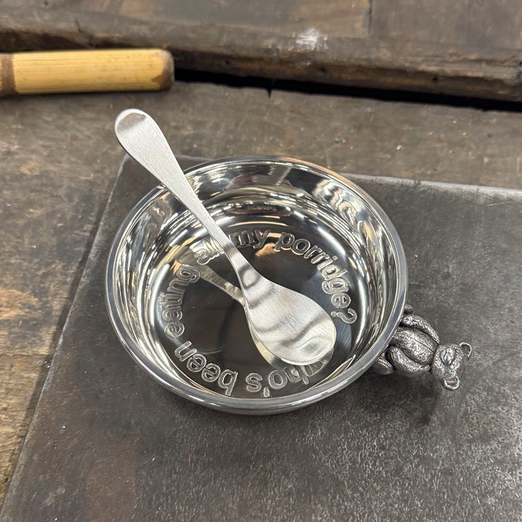 Pewter Teddy bear "Whos Been Eating All My Porridge" Porringer