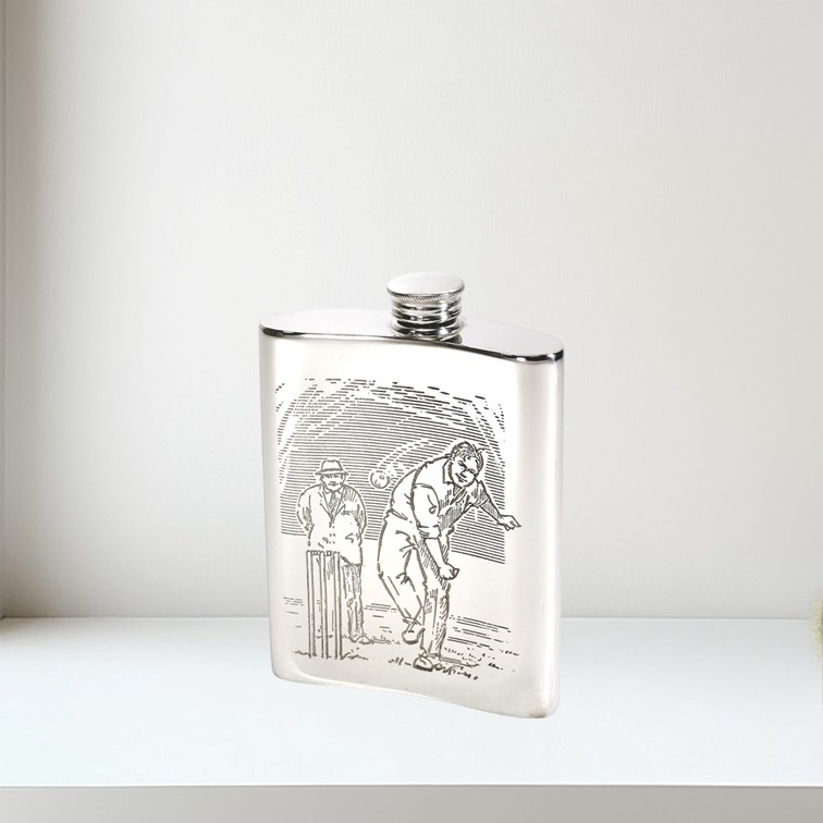 6oz Cricket Scene Pewter Kidney Hip Flask