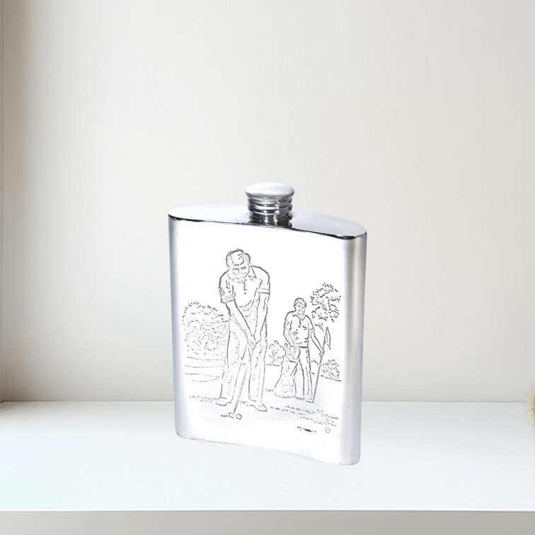 6oz Golf Scene Pewter Kidney Hip Flask