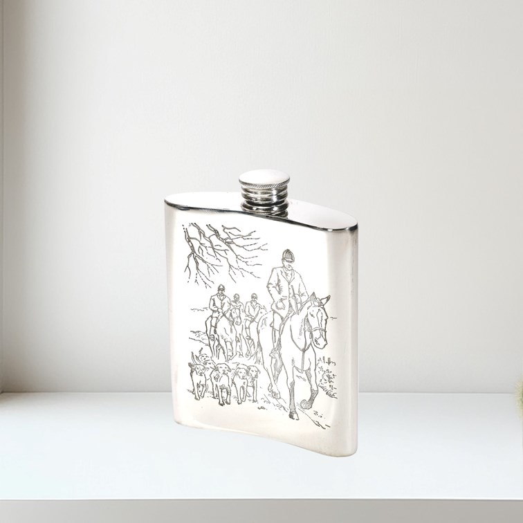 6oz Hunting Scene Pewter Kidney Hip Flask 6oz Hunting Scene Pewter Kidney Hip Flask