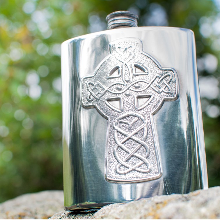 Celtic Cross Embossed Pewter Kidney Flask