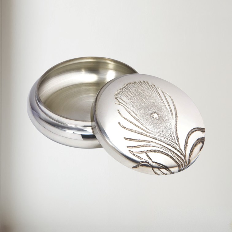Peacock Feather Pewter Trinket Box