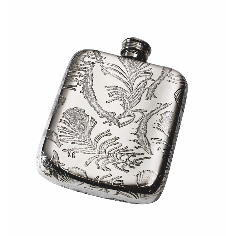Peacock Pattern 4oz Pewter Pocket Flask