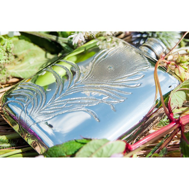 Peacock Feather 4oz Pewter Pocket Flask
