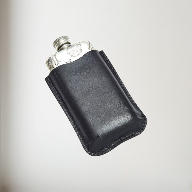 Black Leather Pouch to fit 3oz pocket flasks with flask