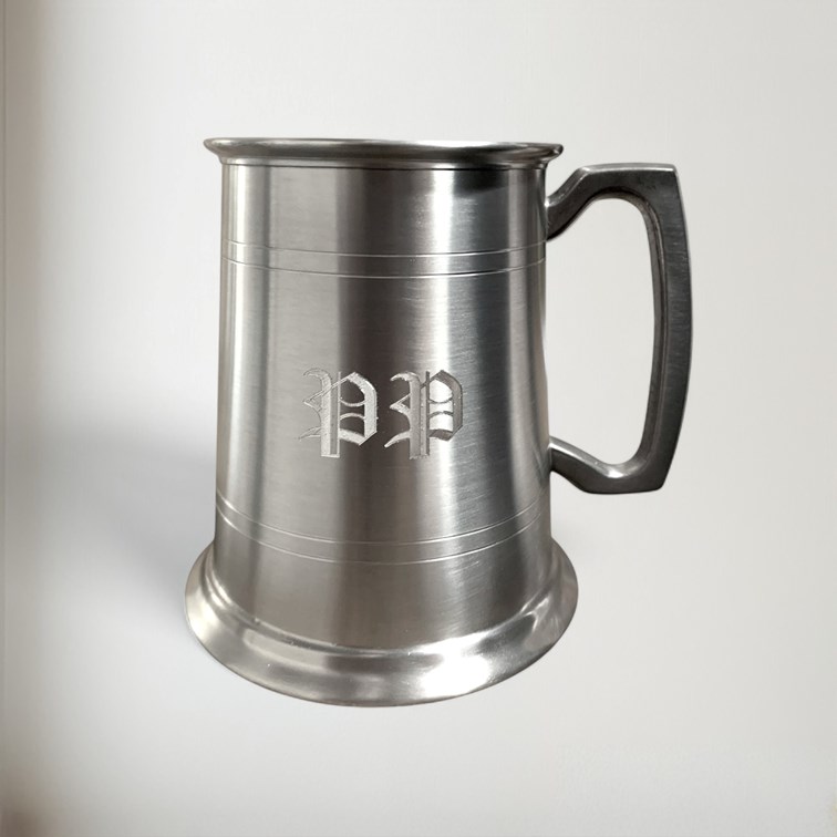 engraving on antique finish pewter tankard