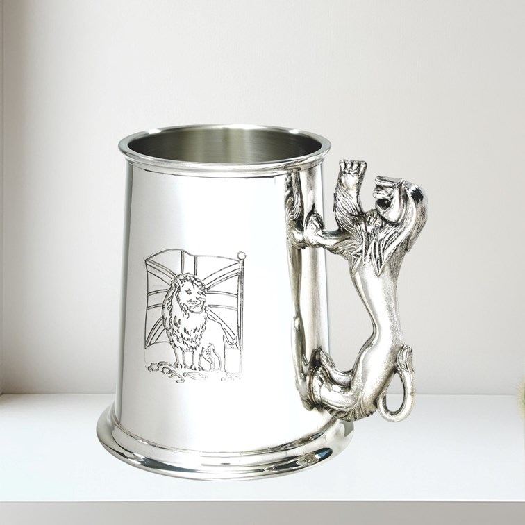 Union Jack Lion Handle One Pint Pewter Tankard