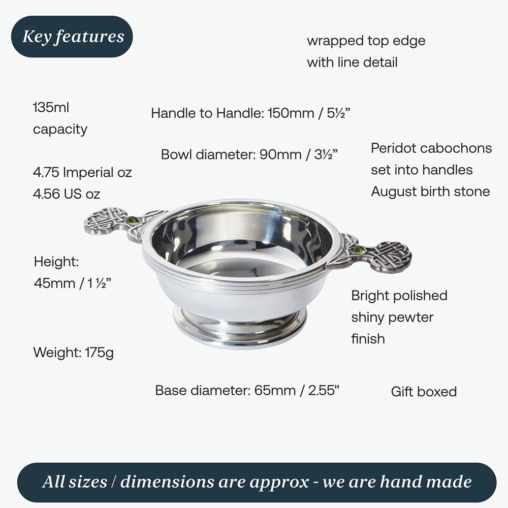 Birthstone Pewter Quaich August With Peridot Stones