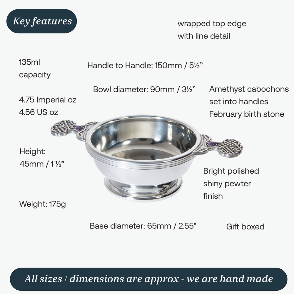 Birthstone Pewter Quaich February With Amethyst Stones Birthstone Pewter Quaich February With Amethyst Stones