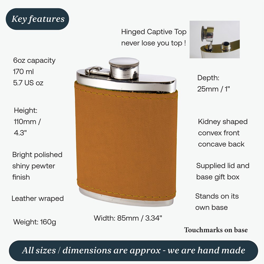 6oz English Tan Leather Captive Top Pewter Flask 6oz English Tan Leather Captive Top Pewter Flask