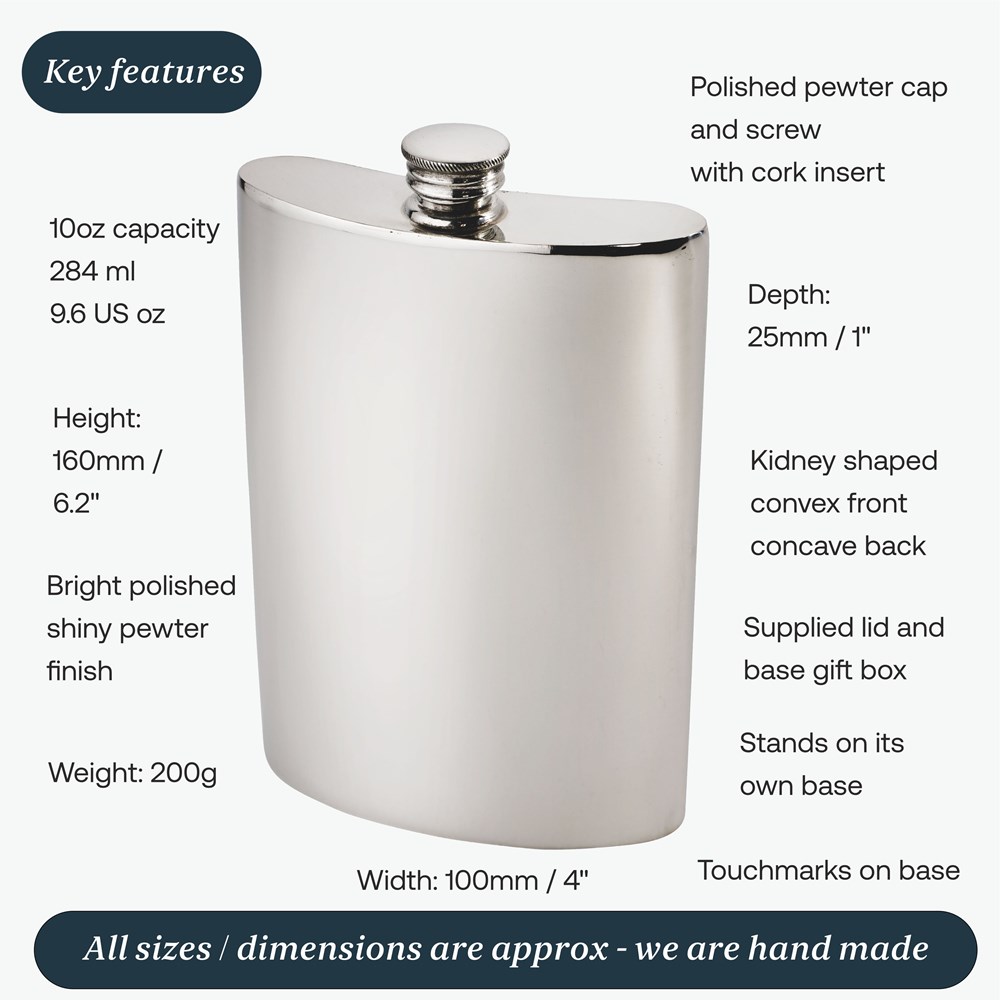10oz Plain Pewter Kidney Hip Flask 10oz Plain Pewter Kidney Hip Flask