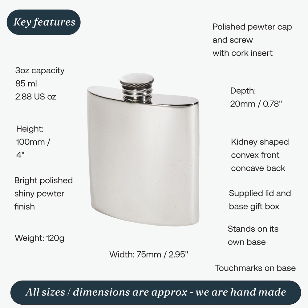 3oz Plain Pewter Kidney Hip Flask 3oz Plain Pewter Kidney Hip Flask
