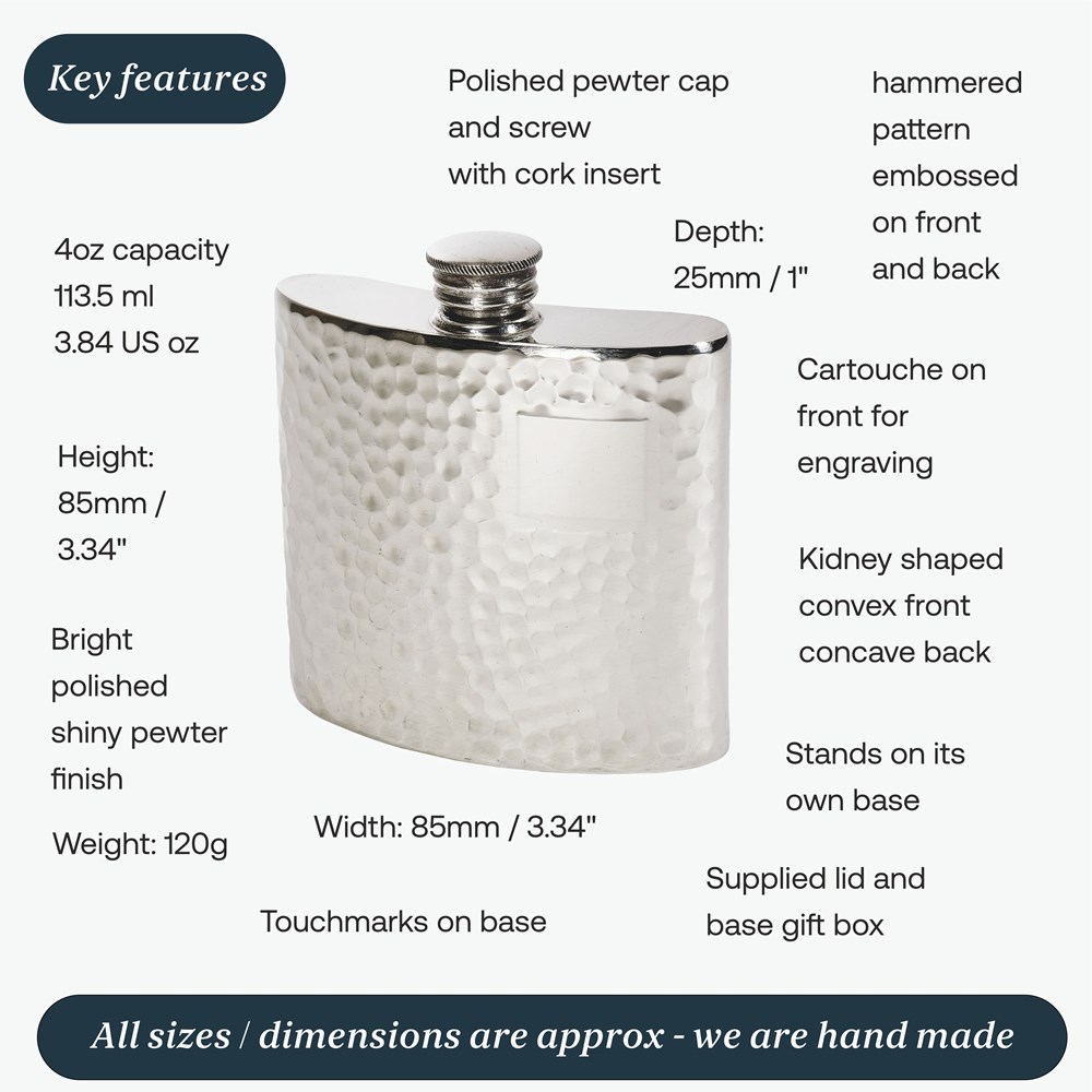 4oz Hammered Pewter Kidney Hip Flask
