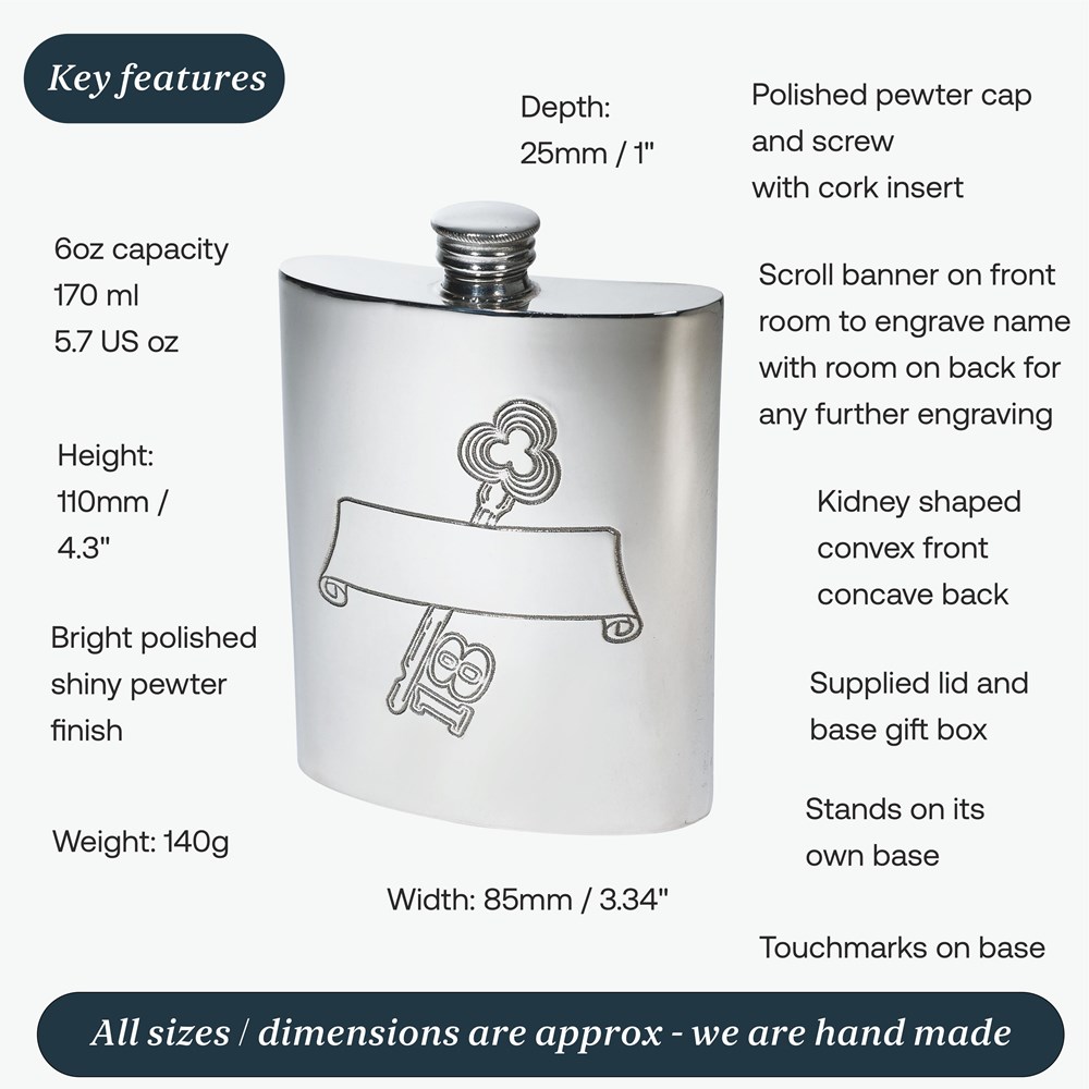 18 Key Stamp Pewter Kidney Hip Flask