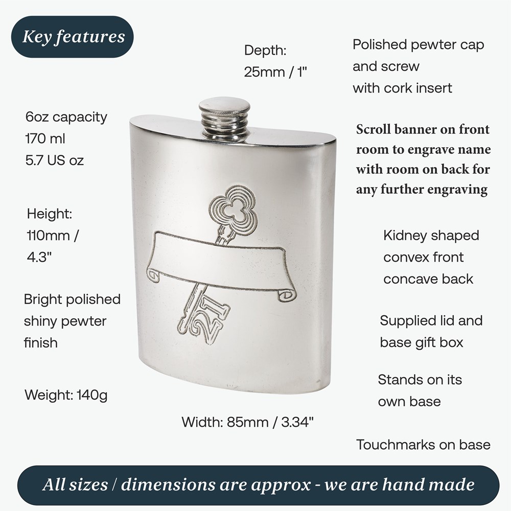 21 Key Stamp Pewter Kidney Hip Flask