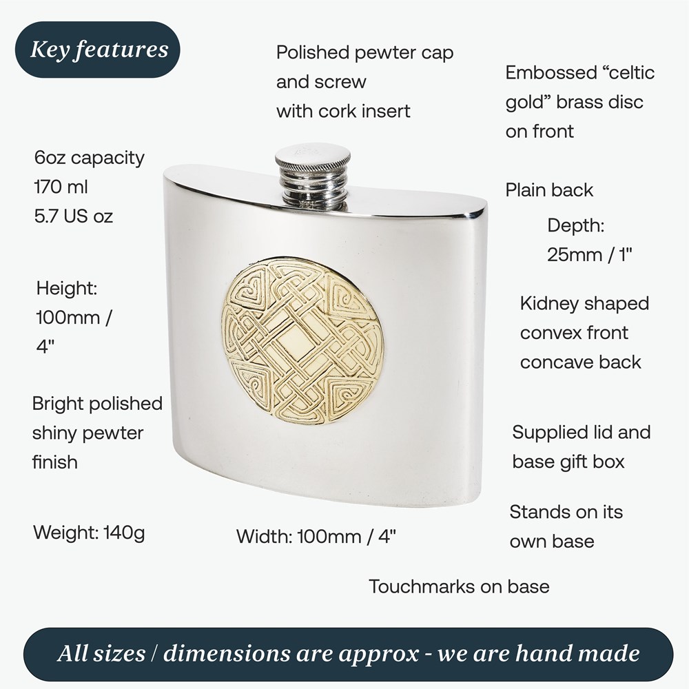 6oz Celtic Gold Pewter Kidney Hip Flask 6oz Celtic Gold Pewter Kidney Hip Flask