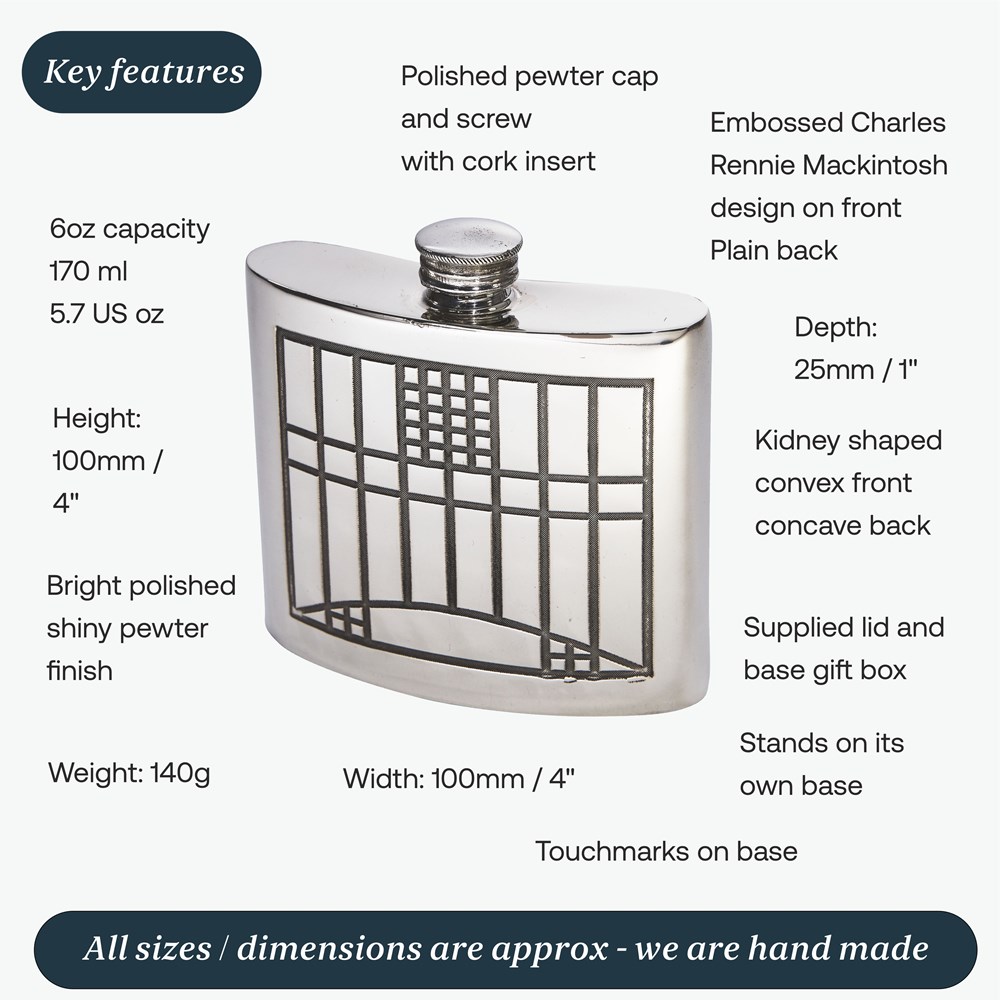 6oz Charles Rennie Mackintosh Pewter Kidney Hip Flask 6oz Charles Rennie Mackintosh Pewter Kidney Hip Flask