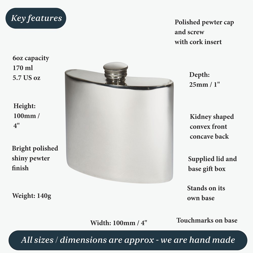 6oz Plain Square Pewter Kidney Hip Flask