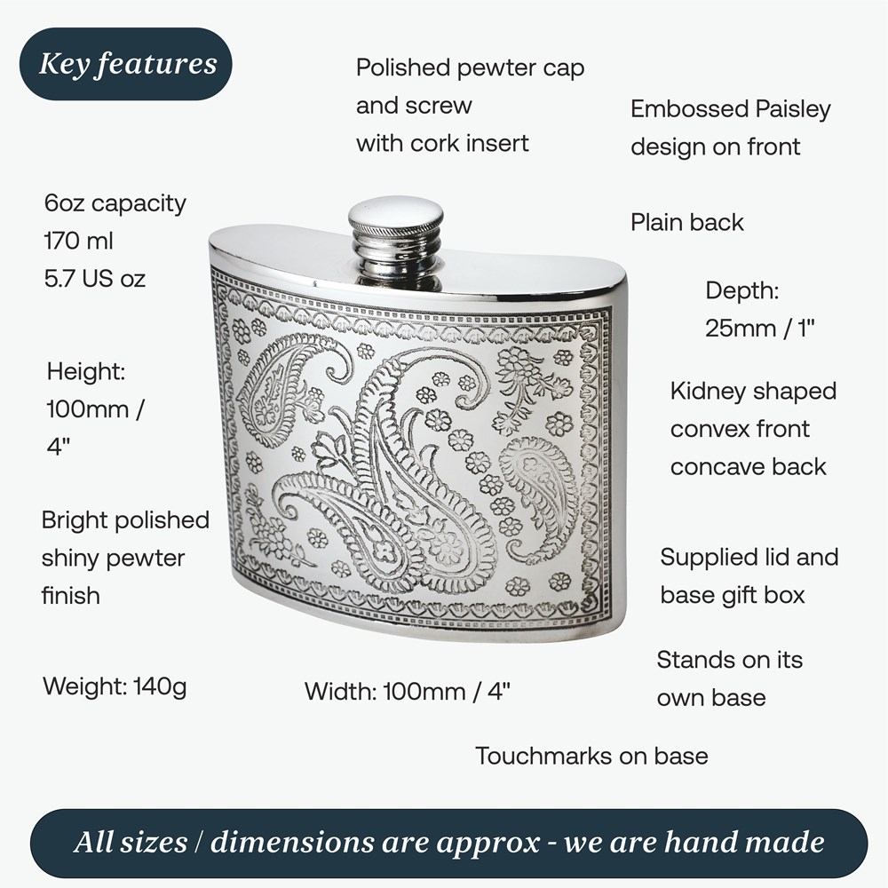 6oz Paisley Pewter Kidney Pewter Hip flask 6oz Paisley Pewter Kidney Pewter Hip flask