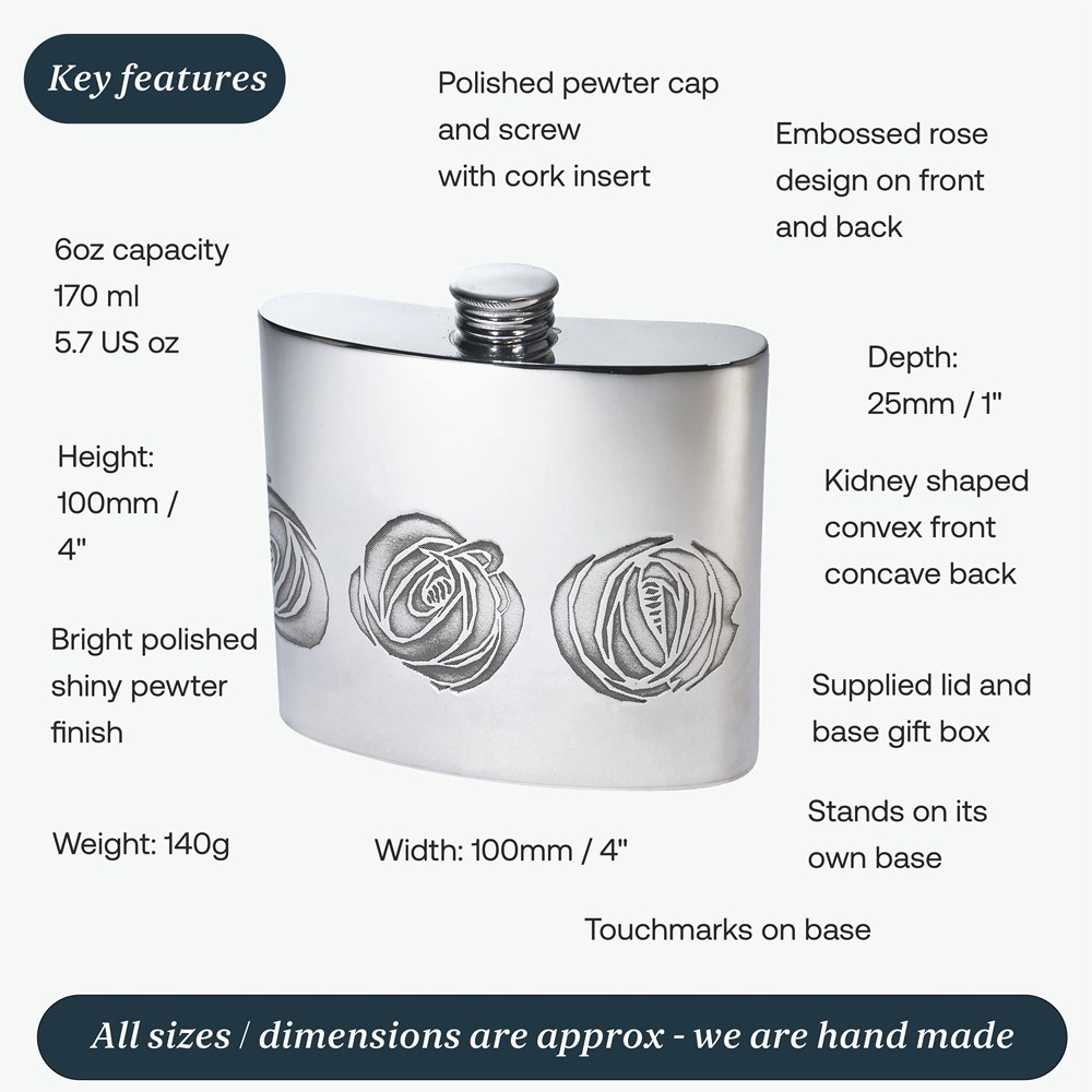 6oz Charles Rennie Mackintosh Rose Pewter Kidney Hip Flask