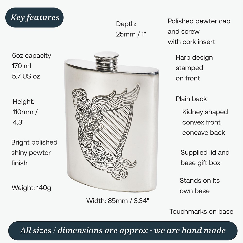 6oz Irish Harp Pewter Kidney Hip Flask