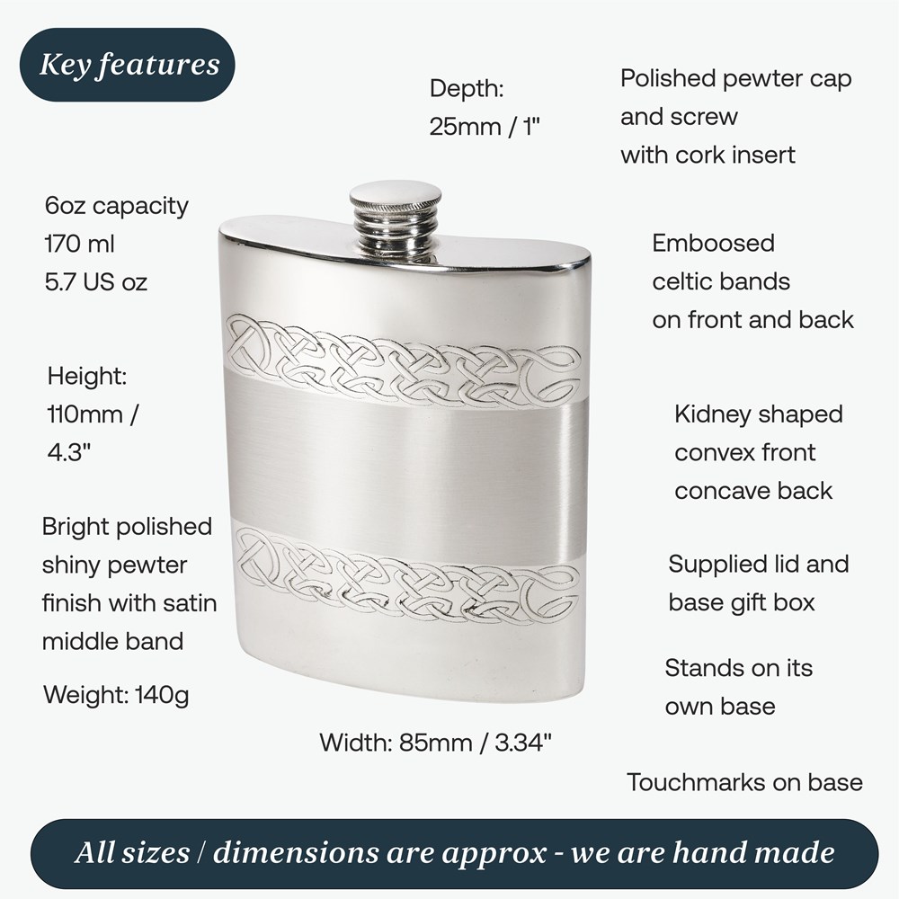 6oz Embossed Celtic Bands Pewter Kidney Hip Flask