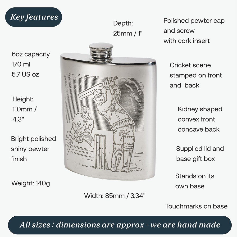 6oz Cricket Scene Pewter Kidney Hip Flask