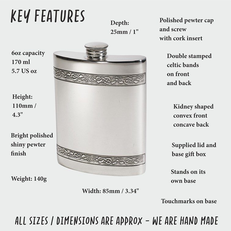 6oz Horizontal Celtic Bands Pewter Kidney Hip Flask