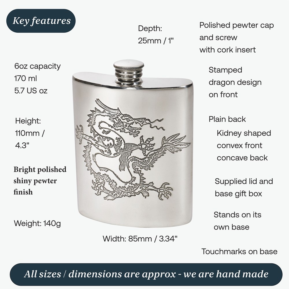 Chinese Dragon Pewter Kidney Hip Flask