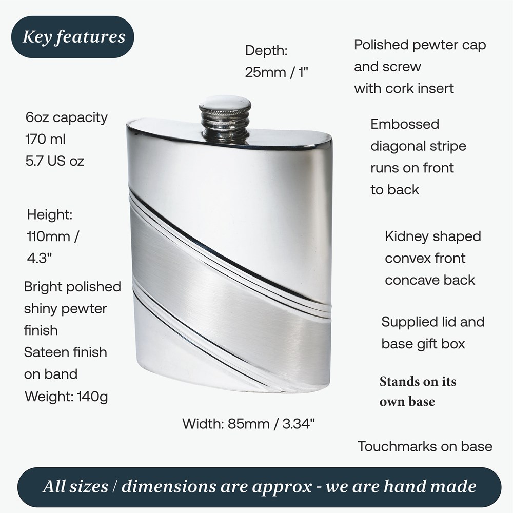 6oz Diagonal Stripe Pewter Kidney Hip Flask