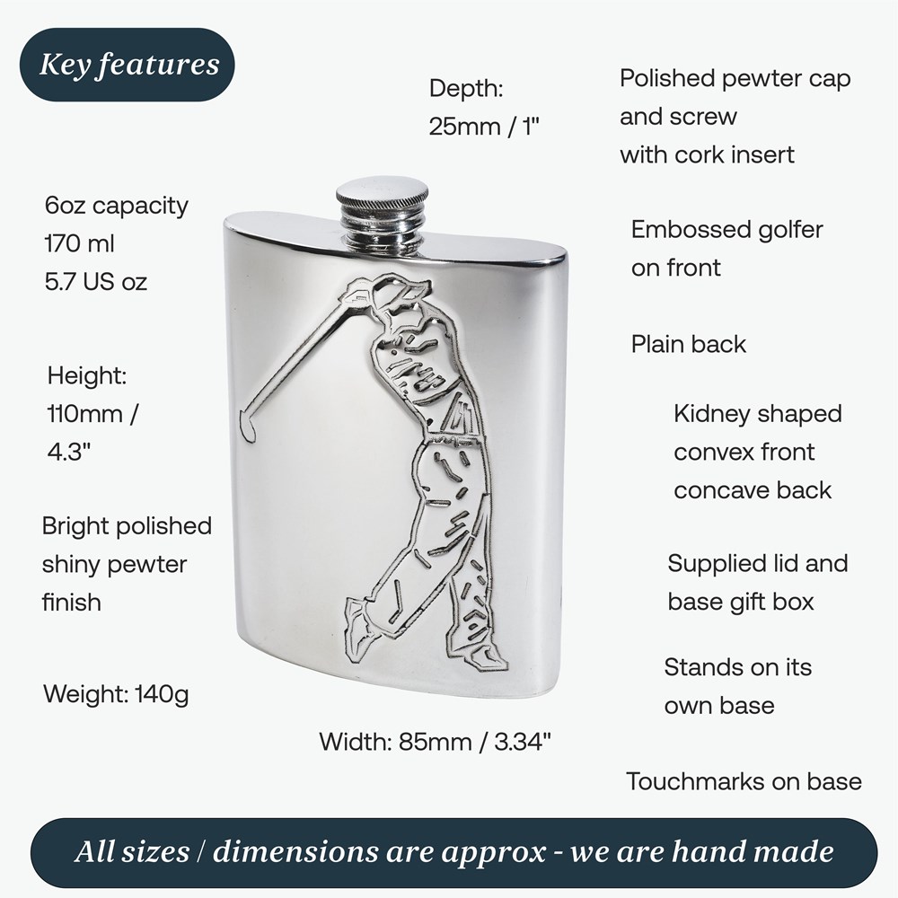6oz Embossed Golfer Pewter Kidney Hip Flask