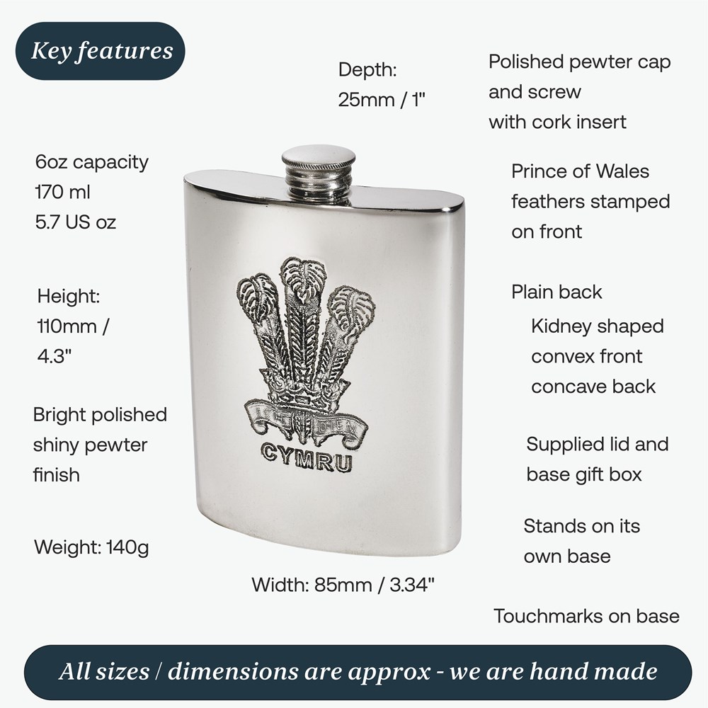 6oz Prince Of Wales Feathers Pewter Kidney Flask 6oz Prince Of Wales Feathers Pewter Kidney Flask
