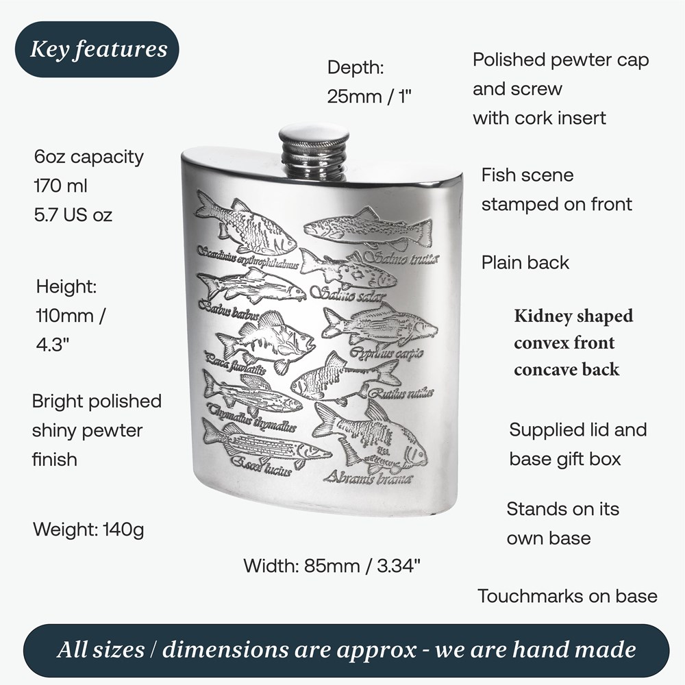 6oz Pewter Fish Kidney Hip Flask 6oz Pewter Fish Kidney Hip Flask