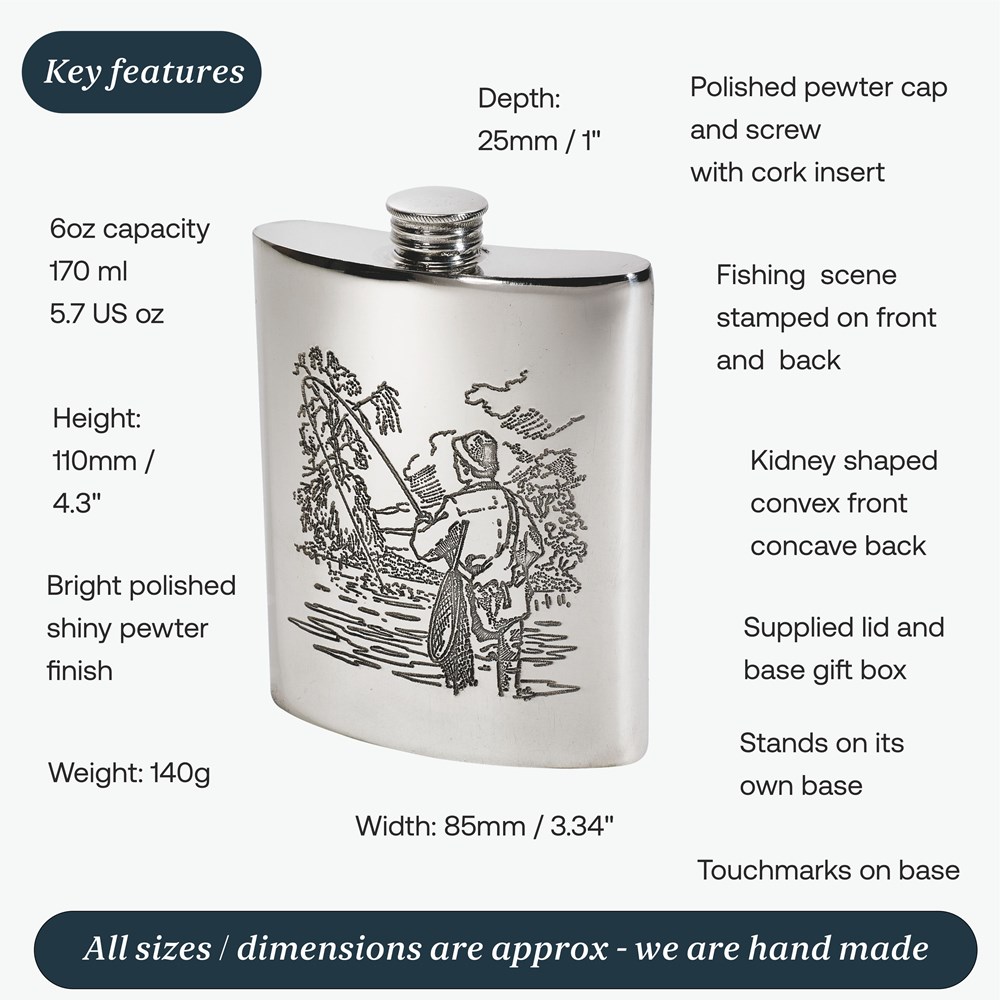 6oz Fishing Scene Pewter Kidney Hip Flask