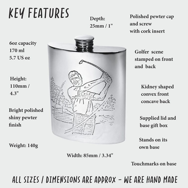 6oz Golf Scene Pewter Kidney Hip Flask
