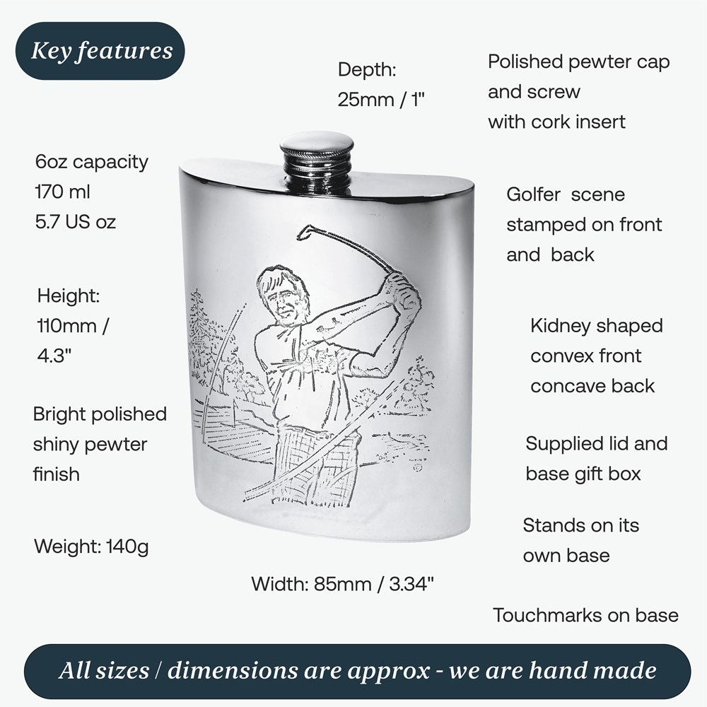 6oz Golf Scene Pewter Kidney Hip Flask 6oz Golf Scene Pewter Kidney Hip Flask