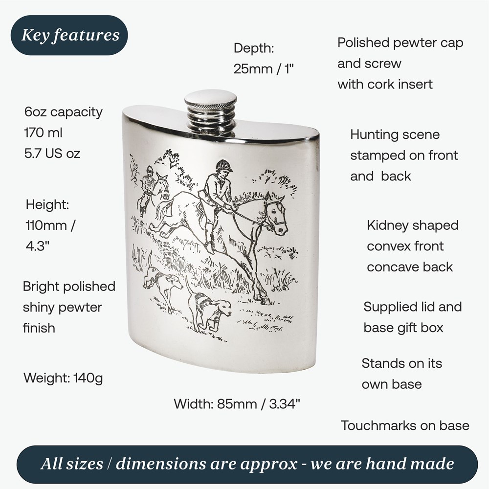 6oz Hunting Scene Pewter Kidney Hip Flask 6oz Hunting Scene Pewter Kidney Hip Flask