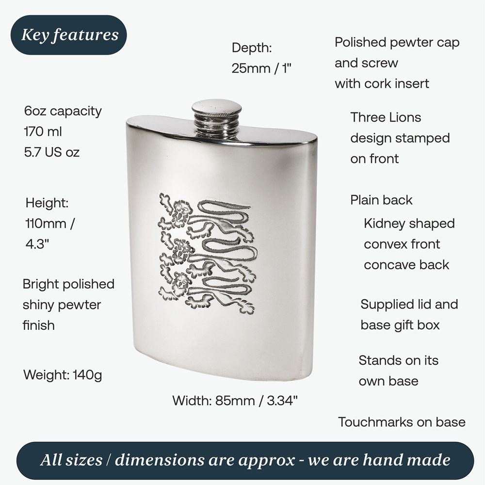 Three Lions 6oz Pewter Kidney Hip Flask