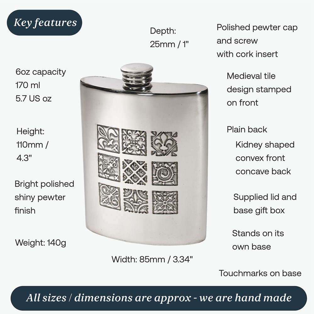 6oz Medieval Pewter Kidney Hip Flask 6oz Medieval Pewter Kidney Hip Flask