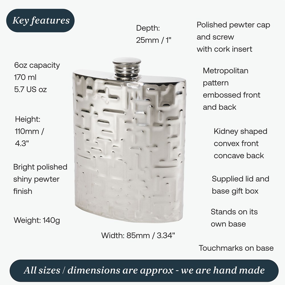 6oz Metropolitan Pewter Kidney Hip Flask