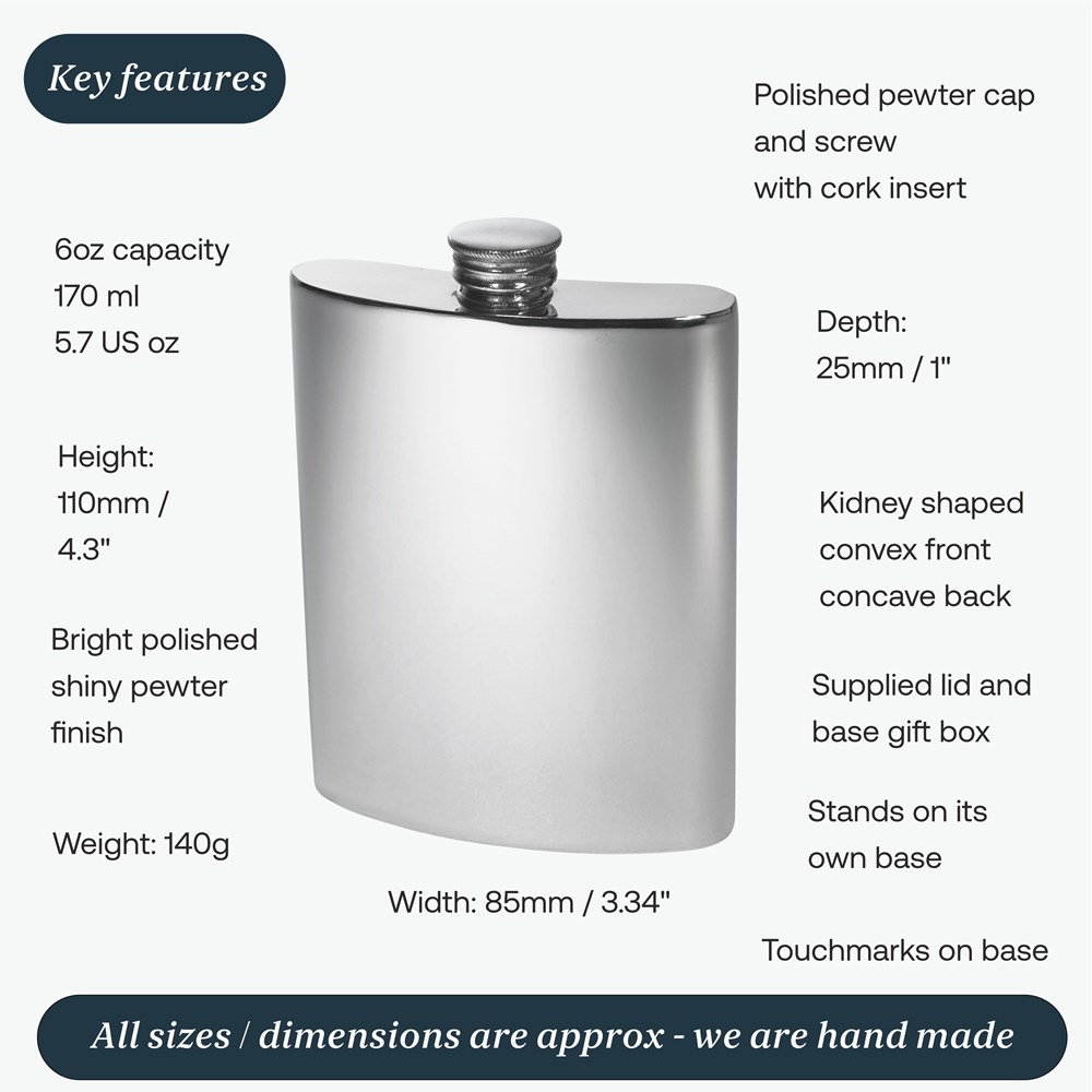 6oz Plain Pewter Kidney Hip Flask 6oz Plain Pewter Kidney Hip Flask