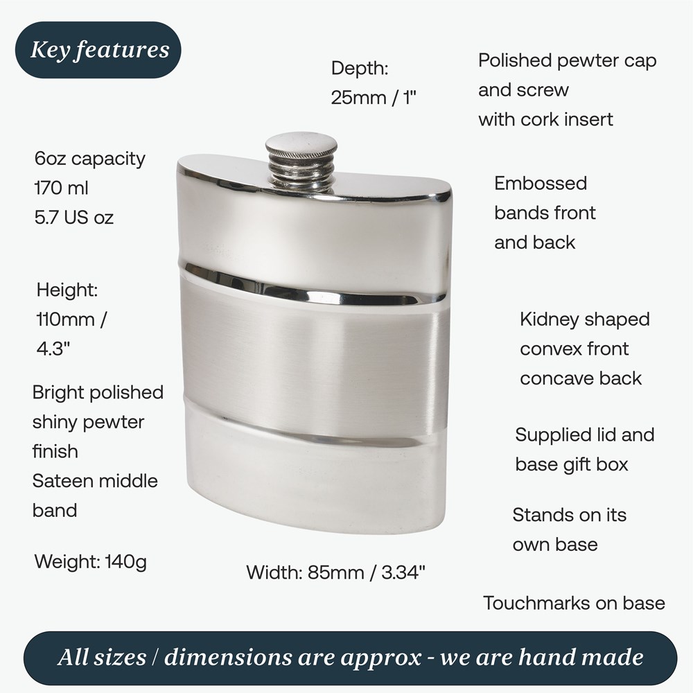 Part Satin 6oz Pewter Kidney Hip Flask
