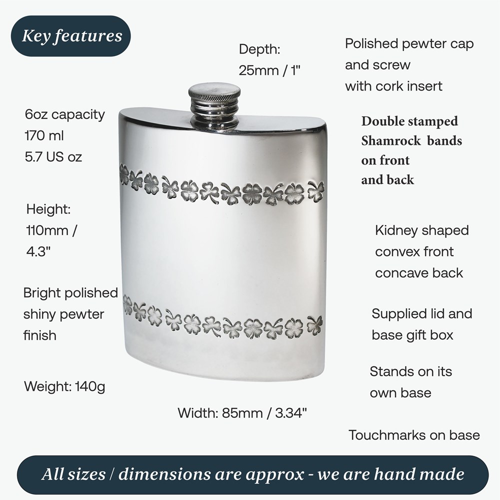 6oz Shamrock Pewter Kidney Hip Flask 6oz Shamrock Pewter Kidney Hip Flask