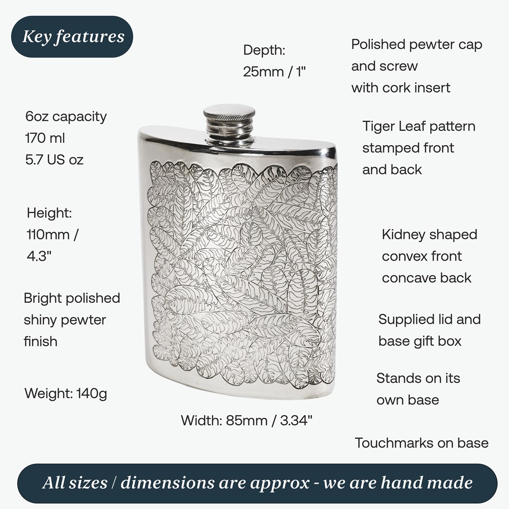6oz Tiger Leaf Pewter Kidney Flask