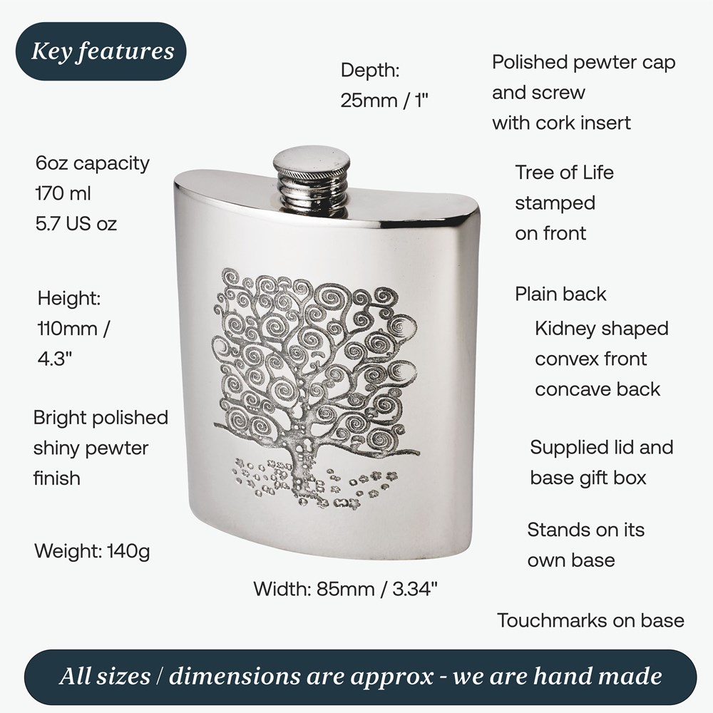 6oz Tree Of Life Tree Pewter Kidney Hip Flask